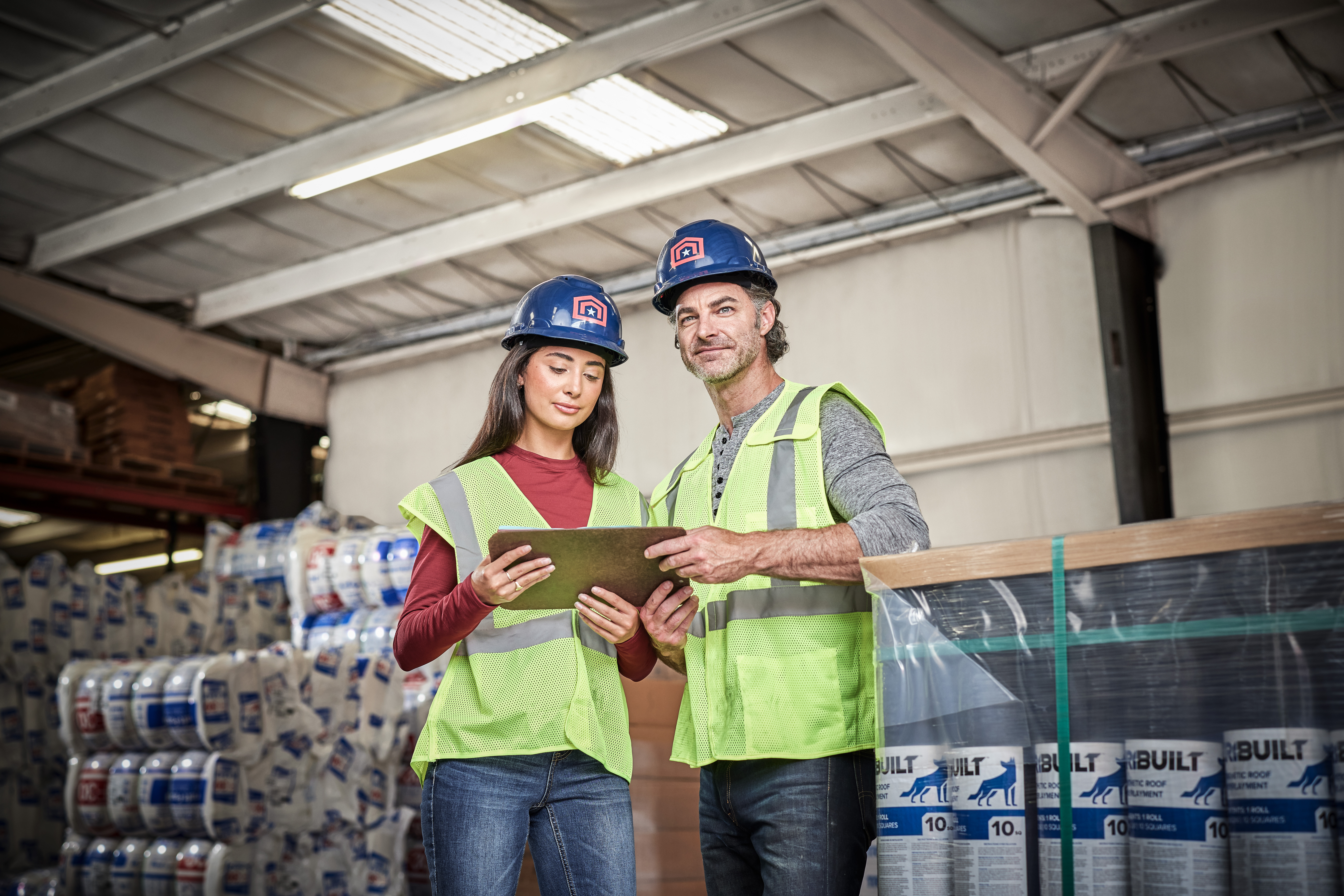 three people in lumber yard